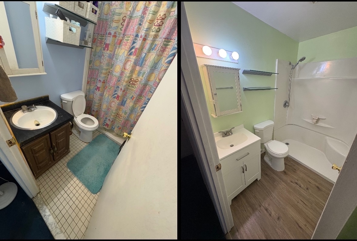 We removed existing flooring, installed new lvp flooring. Replaced vanity, made drywall corrections, and painted