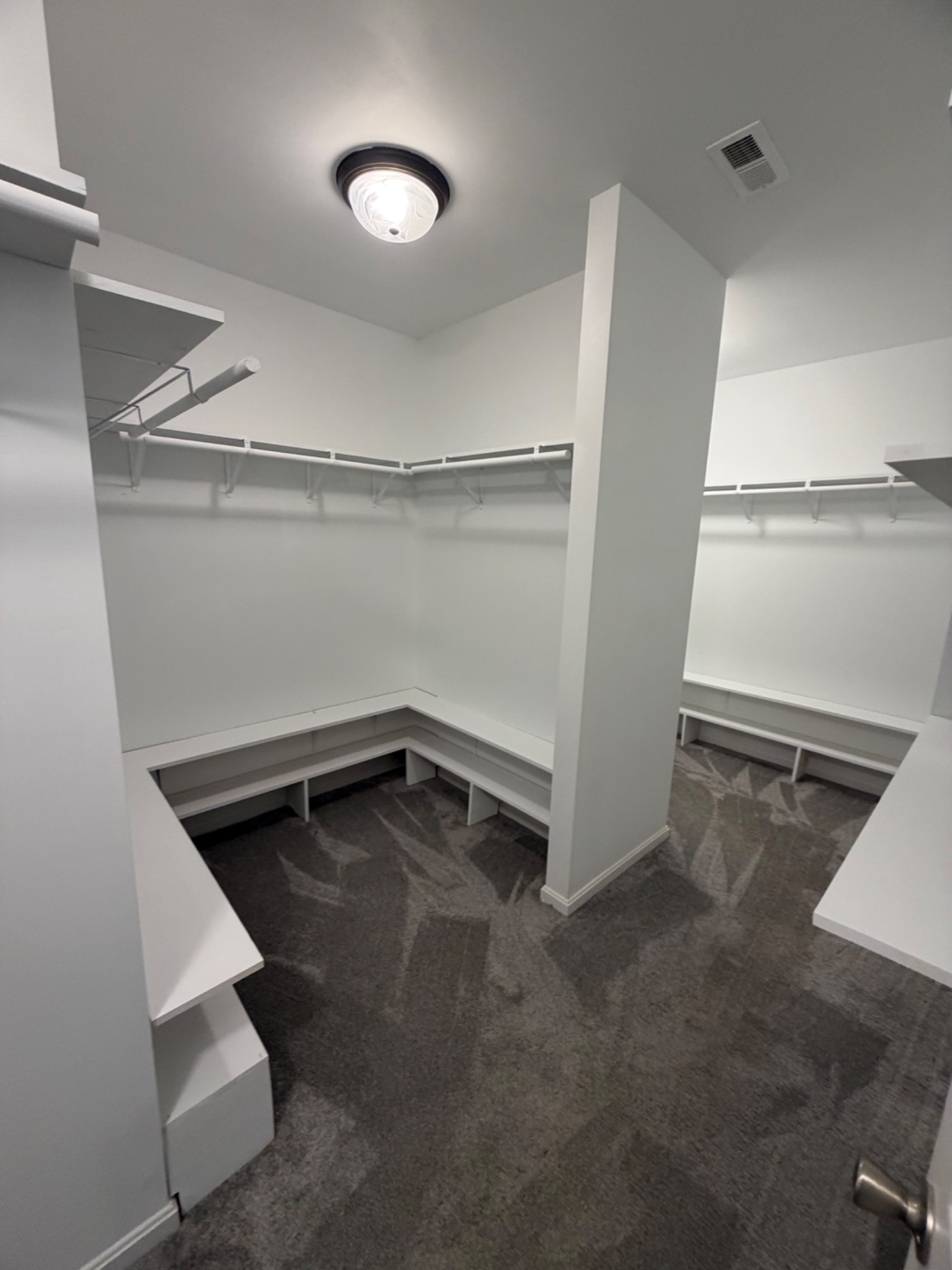 We installed shelving throughout closet with additional hanging rods, Installed shoe rack throughout closet and oaintedy